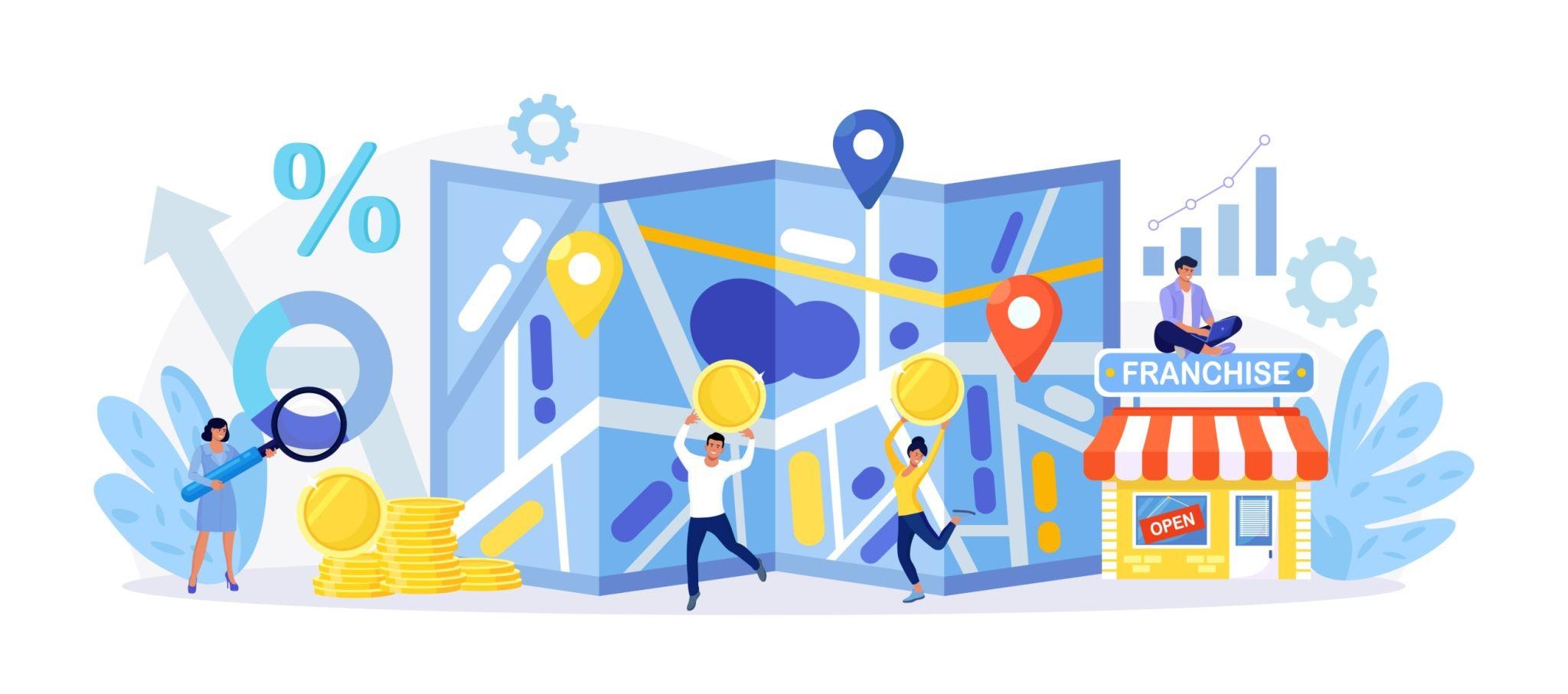 Illustration of a digital map with multiple business location pins connected by an SEO network, representing local and franchise SEO for multi-location brands.